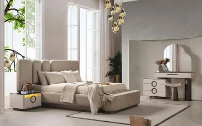Produktbild von Beige Schlafzimmer Set: Bett mit 2 Nachttischen –  Möbel