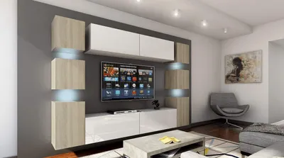 Obrázok produktu pre Obývacia stena Furnitech | Nábytok do obývačky s LED RGB - 16 farieb | Moderná obývacia stena | Obývacia stena s policami a TV skrinkou (Future 14_HGM_WS_17 1A | 256 cm)