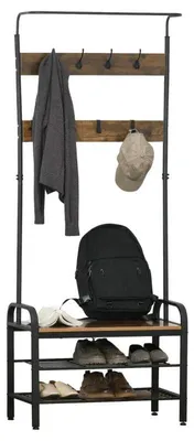 Produktbild von Garderobenständer mit Schuhablage und 8 Haken | Farbe: Schwarz, Holzmaserungsfarbe | Abmessungen: 72x34x185 cm