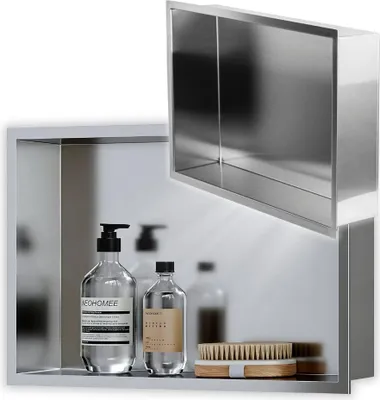 Zdjęcie produktu dla Półka wnękowa 45x30x10cm chrom pod prysznic stal nierdzewna z kołnierzem