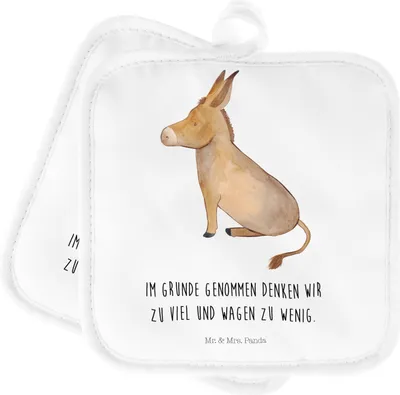Produktbild von Mr. & Mrs. Panda Topflappen Esel - Weiß - Geschenk, Topfuntersetzer, Weisheit, Topflappenset, Mut, Lebensmut, Tapferkeit, Set, Kochlappen, Ziel, Lustige Sprüche