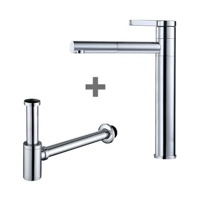 Produktbild von Badarmatur mit Röhrensifon Siphon, Wasserhahn Bad Armatur hoch 360° drehbar, 1-1/4 Siphon für Waschbecken höhenverstellbar