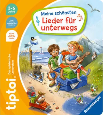 Children on a beach with musical instruments and luggage.