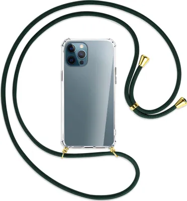 Produktbild von Handykette Backcover-Schutzhülle mit Band (Metall goldfarben) für Apple iPhone 12 Pro Max - dunkelgrün