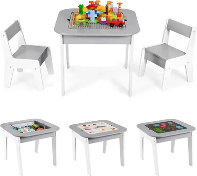 Produktbild von Kindertisch aus Holz 2-in-1 - Bautisch und Aktivitätstisch - Mit Stauraum - Mit 2 Stühlen - 60 x 60 x 49 cm - Grau