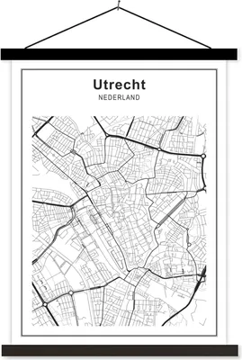 Produktbild von MuchoWow® Textilposter Stadtplan - Utrecht - Schwarz und weiß 60x80 cm mit schwarzem Rahmen - Plakathalter