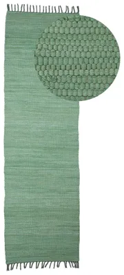 Produktbild von Flickenteppich Kelim Chindi Uni Läufer Grün 80x400 cm, handgewebt | Fleckerlteppich aus Baumwolle für Wohnzimmermit Fransen