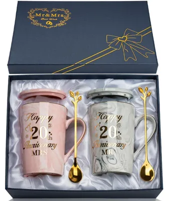 Immagine prodotto di Set di 2 tazze in Vetroceramica effetto marmo, da 14 once, per celebrare il 20° anniversario di matrimonio, con cucchiaini e confezione regalo
