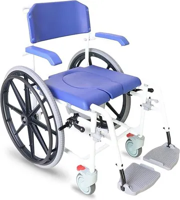 Produktbild von Toilettenstuhl mit Rollen für Senioren Blau, selbstfahrender Duschstuhl für Behinderte, höhenverstellbarer Duschrollstuhl mit 60 cm Rädern, fahrbarer Leibstuhl bis 120 kg - Modell PRO