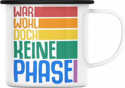 Produktbild von Trendation - LGBT Emaille Tasse Geschenk für Schwule Lesben Transgender Regenbogen Lustige Grafik Regenbogen War Wohl Doch Keine Phase (Schwarz)