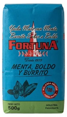 Image de Yerba Mate Fortuna Compuesta, saveur menthe et boldo, format "Burrito", 500g, produit au Paraguay