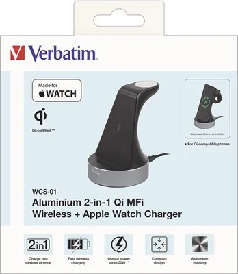 Immagine prodotto di VERBATIM 49555 Caricabatterie wireless - Stazione di ricarica 2-in-1, Qi, MFi, WCS-01, nero