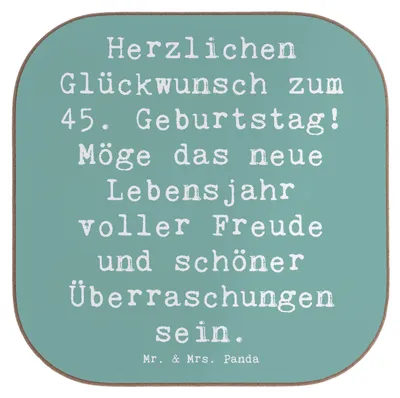 Produktbild von Mr. & Mrs. Panda Untersetzer für Gläser Spruch 45. Geburtstag Freude - Meeresbrise - Geschenk, Geburtstagsgruß, Tischschoner, Alter, 45 Jahre, Getränkeuntersetzer, Lachen