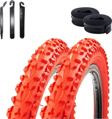 Immagine prodotto di 2 x Roverstone 26" Pneumatici per bicicletta Copertoni rossi 57-559 (26x2,125) + 2 camere d'aria AV incl. 3 leve per pneumatici