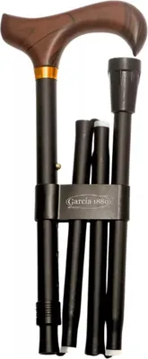 Produktbild von Garcia 1880 Klappbarer Gehstock – Schwarz mit Holzgriff – Verstellbar von 84 bis 94 cm – Aluminium – Derby-Griff – Mit Gehstockclip