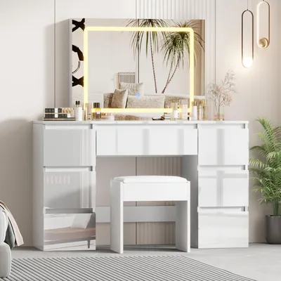 Immagine prodotto di Comò da trucco con specchio e sgabello, comò per cosmetici lucido con 7 cassetti, bianco