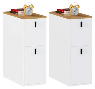 Produktbild von 2 schmale Nachttische mit 2 Schubladen, kleiner Nachtschrank für das Schlafzimmer, beige Nachtkästchen