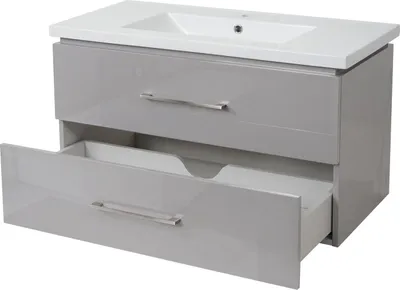 Produktbild von Premium Waschbecken + Unterschrank HWC-D16, Waschbecken Waschtisch, hochglanz 90cm  grau