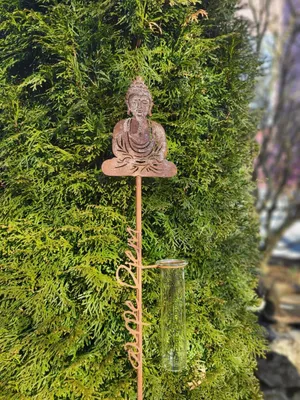 A garden decoration featuring a Buddha statue and a rain gauge, set against a green hedge.