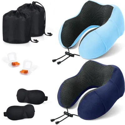 Image de Ensemble de 2 coussins de voyage : coussin cervical en mousse à mémoire de forme, avec masque de sommeil et bouchons d'oreille