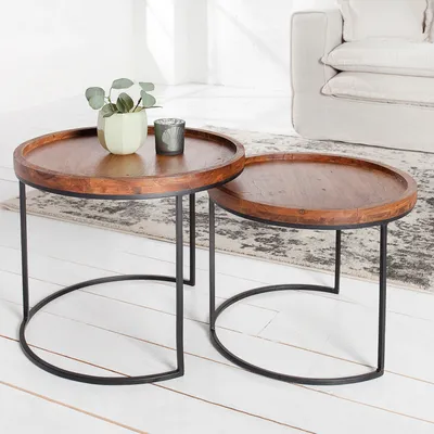 Produktbild von cagü: Design 2er Set Beistelltische [ARKOR] Akazie mit Metallgestell Schwarz 55/50cm