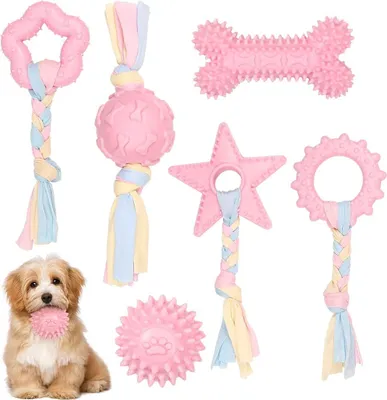 Produktbild von Hundespielzeug Seil mit Ball, 6 Stück Welpen Spielzeug für Hunde ​Zahnpflege, Kauen Hundespielzeug Set für Kleine/Mittlere Hunde, Knochen für Hunde Spielzeug Unzerstörbar