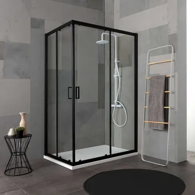Produktbild von Duschkabine 80x100 cm, Höhe 190 cm, mit schwarzem, mattem Profil und transparentem Kristallglas | City