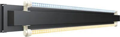A product shot of an aquarium LED light bar with two rows of LEDs, one white and one yellow.