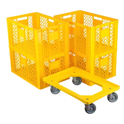 Produktbild von 4 Stück Bäckerkisten 600 x 400 x 320 mm + 1 Transportroller Typ C versch. Farben : gelb Farbe: gelb