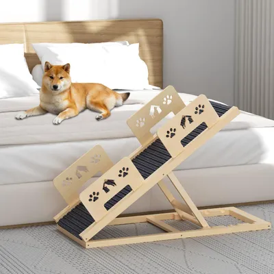 Produktbild von Hunderampe Hundetreppe Klappbar rutschfeste Katzenleiter, höhenverstellbar 35-58cm, für Hunde, Alte Katzen Naturholz Für Auto Bett, Sofa, 100cm