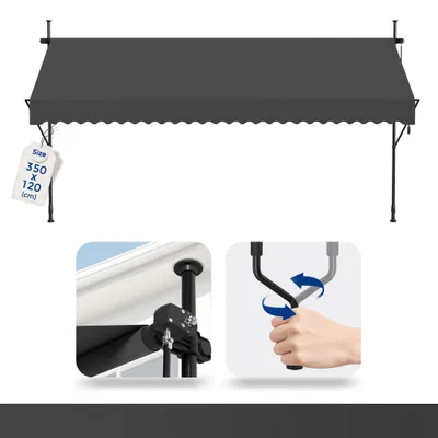 Zdjęcie produktu dla Markiza balkonowa QEENTOE, 350x120 cm, montaż bez wiercenia, regulacja wysokości, ręczny system zwijania, ochrona przed słońcem, kolor: ciemnoszary