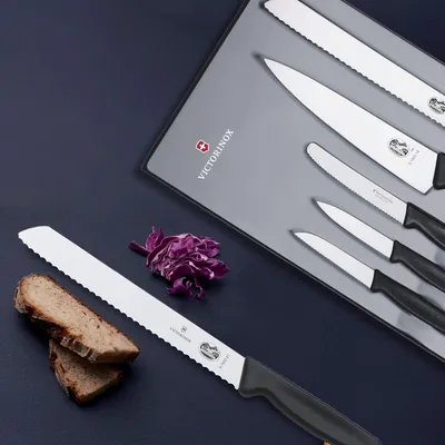 Produktbild von Küchenmesserset 5-teilig - Gemüsemesser, Tranchiermesser und Brotmesser - Schwarz