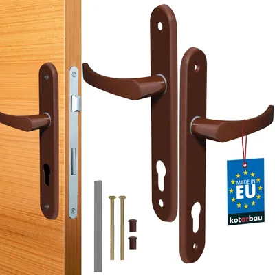 A set of brown door handles and related hardware, including a door lock mechanism, screws, and a 'Made in EU' tag, are displayed against a white background. One handle is shown attached to a wooden door.