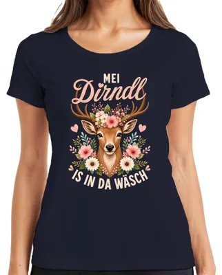 Immagine prodotto di Mei Dirndl, abito tradizionale bavarese, motivo "Reh Kitz Blumen", pantaloni in pelle, stile alpino, maglietta da donna, colore blu navy, taglia L
