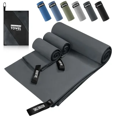 Produktbild von Mikrofaser Handtuch 3er Set Dunkelgrau 200x100cm & 2x 80x40cm Schnelltrocknend Leicht