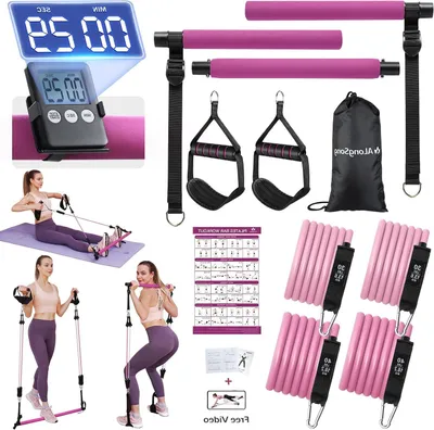 Immagine prodotto di Set di fasce di resistenza per fitness - Barra per Pilates - Allenamento a casa - Resistenza regolabile - Set da 6 pezzi - Rosa