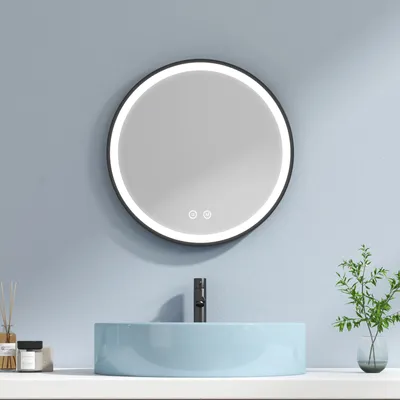Produktbild von EMKE Rundф50cm LED Badspiegel mit 3 Lichtfarben und einstellbarer Heilligket, Memory Funktion, Smart Touch Badezimmerspiegel mit Schwarz Lederband