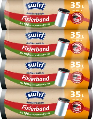 Produktbild von Swirl Reißfest & Dicht Fixierband Müllbeutel 35 l (4 x 10 Beutel), tropfsichere Müllsäcke für den Hausmüll, reißfeste Mülltüten für sicheren Halt am Mülleimer
