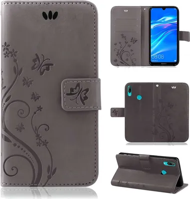 Produktbild von Handytasche für Huawei Y7 2019 Blumen Flip Cover Buchhülle mit Magnetverschluss, Grau