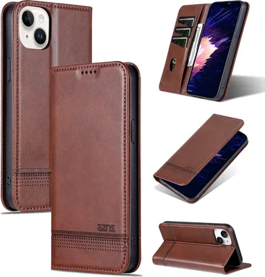 Produktbild von Leder Hülle für iPhone 15, Klapphüllen Brieftasche Magnetverschluss Ständer Schutzhülle Kaffee