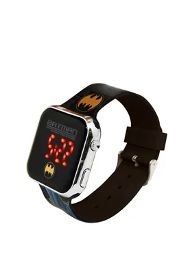 A digital watch with a Batman theme, shown against a white background.