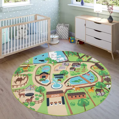 Produktbild von Kinder-Teppich Für Kinderzimmer, Spiel-Teppich, Zoo Mit Tiger, Bär, Löwe, Bunt Grösse Ø 160 cm Rund