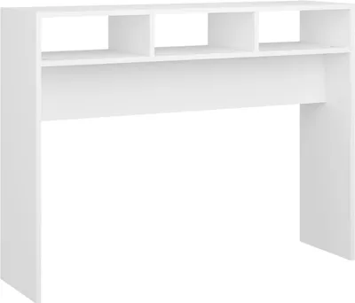 A white console table with three open shelves on top, shown against a white background.