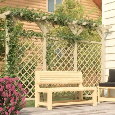 A wooden bench and trellis with climbing plants in an outdoor setting.