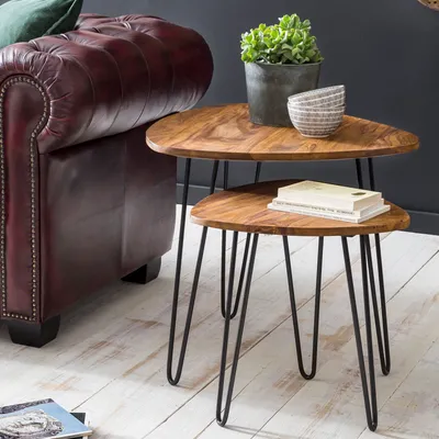 Produktbild von WOHNLING Satztisch WL5.659 Sheesham Metall Beistelltisch 2er Set Klein Couchtisch Set 2 Holz Tische Massivholz Wohnzimmertisch Metallgestell Schmaler