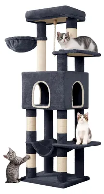 Produktbild von Kratzbaum, 149 cm Katzenbaum, Katzenkratzbaum mit 5 Kratzsäulen, großen Plattformen, Versteckhöhle, mehrstöckiges Katzenaktivitätszentrum, Pompons, Dunkelgrau