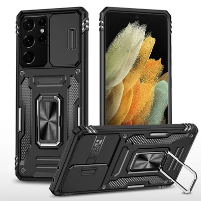 Immagine prodotto di Custodia per Samsung Galaxy S23 Ultra a doppio strato antiurto con protezione fotocamera scorrevole, supporto ad anello nero