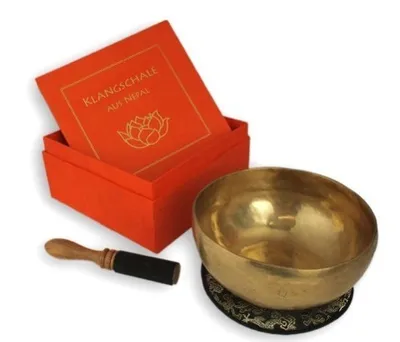 Produktbild von Klangschale in terracotta Geschenkbox L mit Lotus-Aufdruck und Zubehör