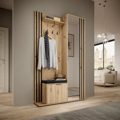 Produktbild von BETTSO Předsíňová skříň se zrcadlem a botníkem Nelly Artisan dub s černými lamelami + PUSHBOARD