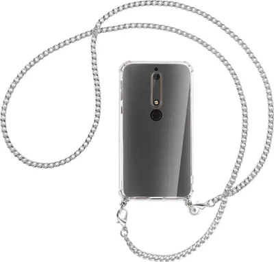 Produktbild von Handykette Backcover-Schutzhülle mit Band (Metall silberfarben) für Nokia 6.1 - silberfarbene Kette